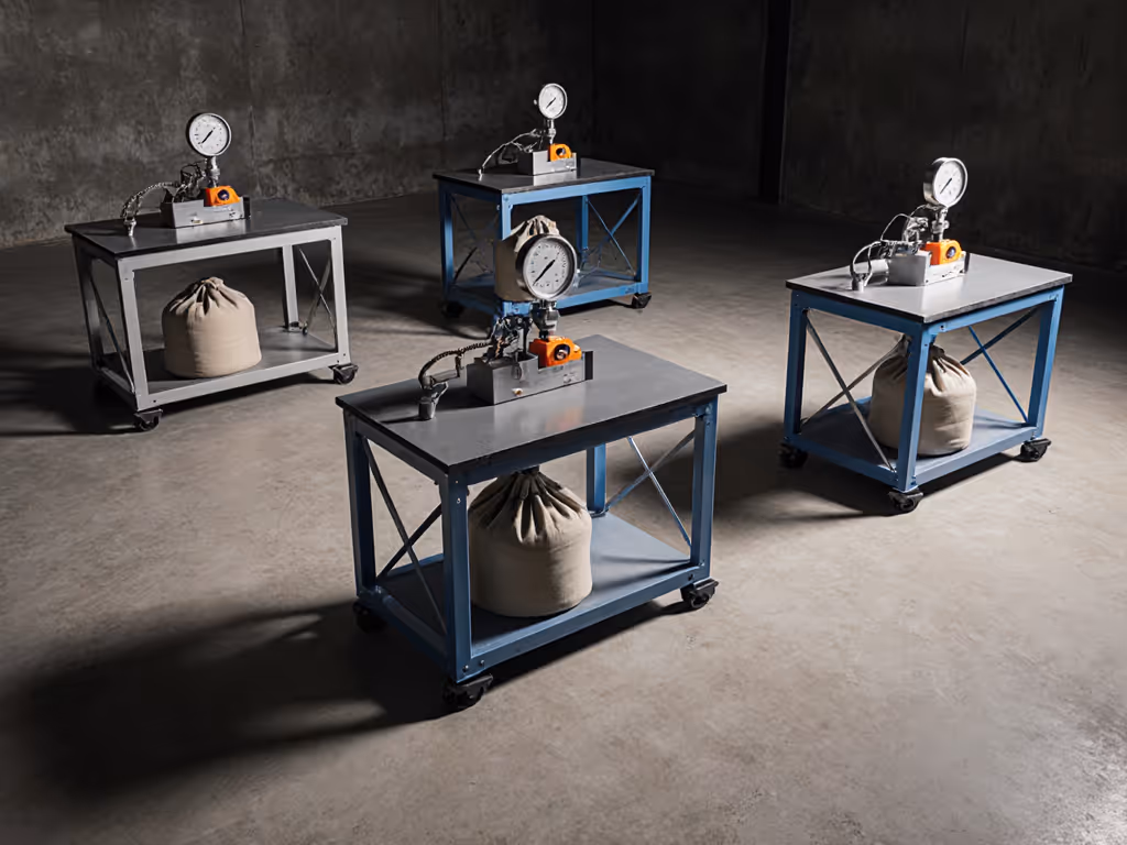 Zero-rack test rig with sandbags and dial indicators mounted on workbench