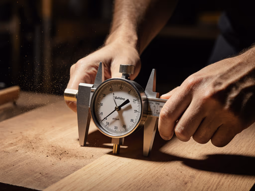 woodworker testing bench stability with dial indicator