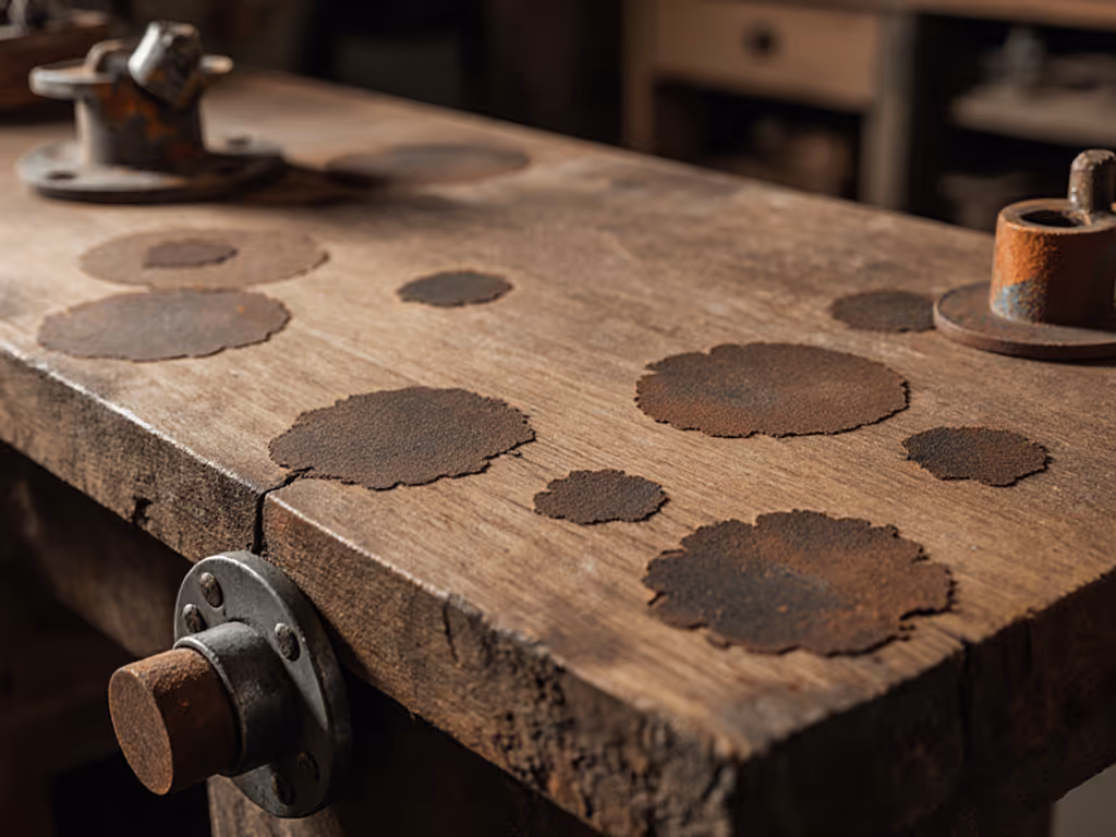 wooden workbench surface with glue spots and metal rust areas