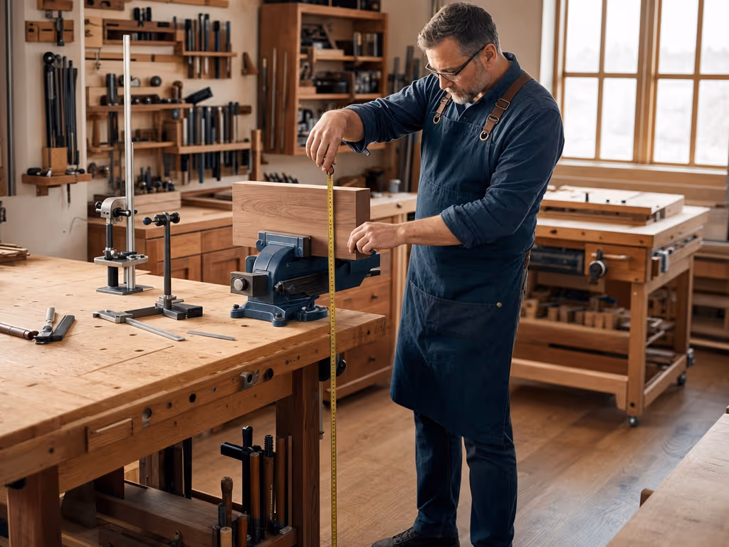 carver_checking_workbench_height_and_clamped_workpiece