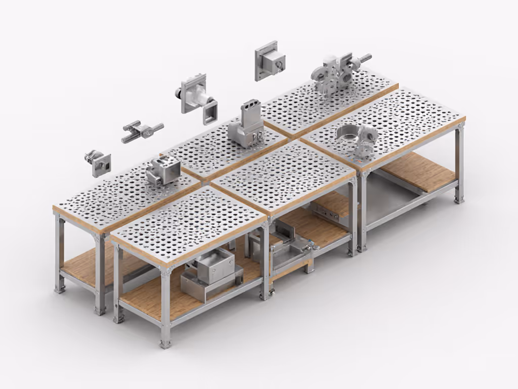 modular workbench ecosystem showing accessories bolted via standard grid
