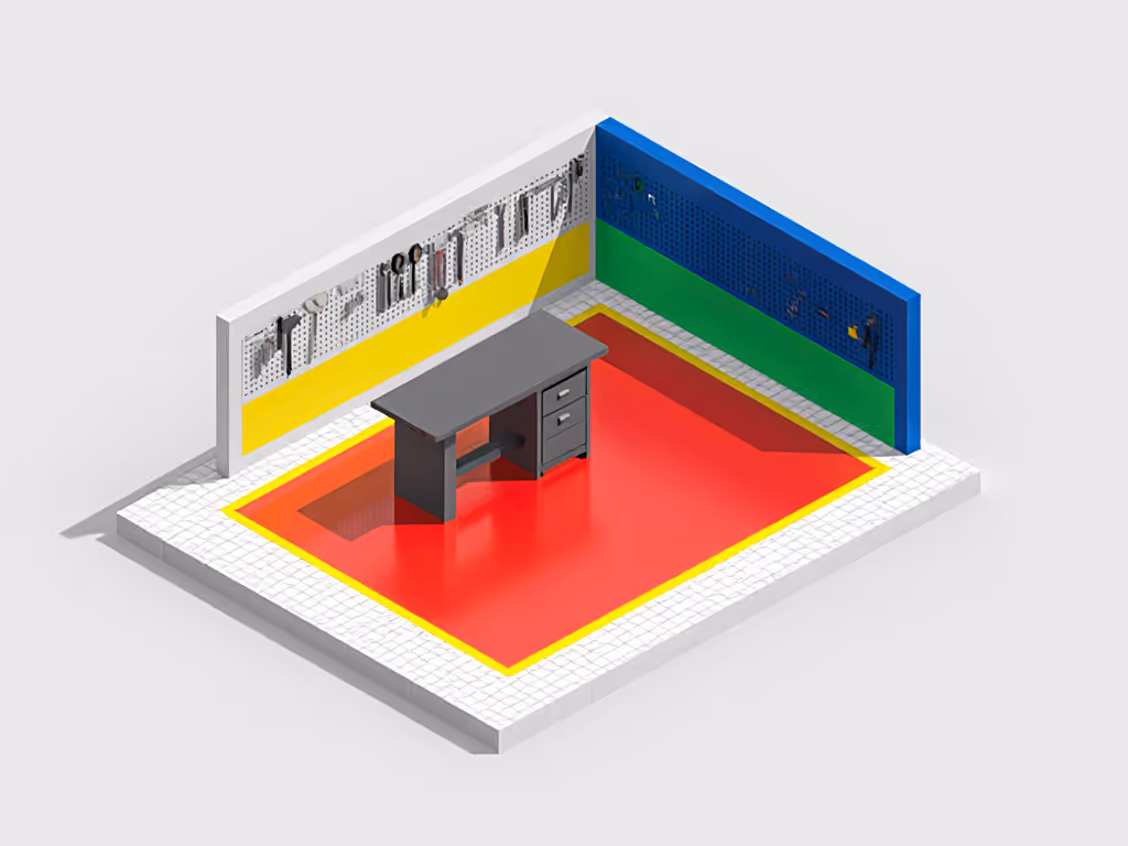 workbench zones layout showing red/yellow/green/blue areas